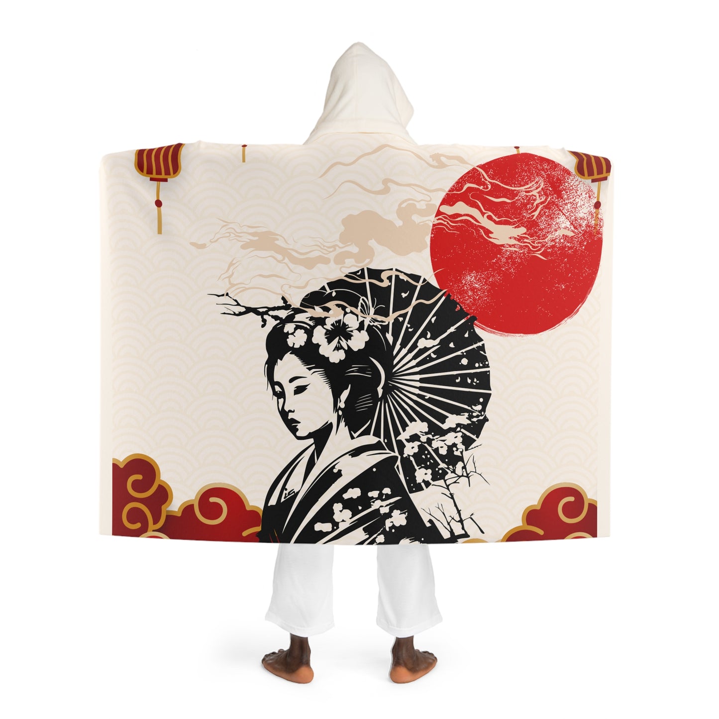 Cozy Japanese Lady Theme Hooded Sherpa Fleece Blanket | Perfect for Relaxing, Gift for Homebodies, Warm Throw for Winter