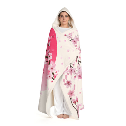 Cozy Japanese Cherry Blossoms Hooded Sherpa Fleece Blanket | Perfect for Relaxing, Gift for Homebodies, Warm Throw for Winter