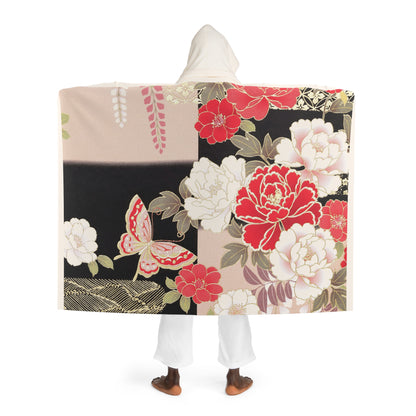 Cozy Japanese Floral Hooded Sherpa Fleece Blanket | Perfect for Relaxing, Gift for Homebodies, Warm Throw for Winter, Unique Boho Decor