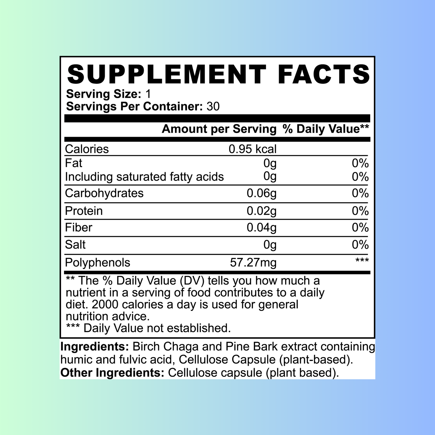 Supplement facts for Birch Chaga