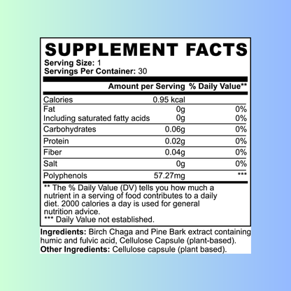 Supplement facts for Birch Chaga